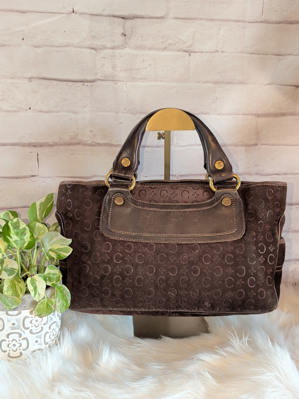Vintage Celine Dark Brown Suede Satchel with Leather Handles
